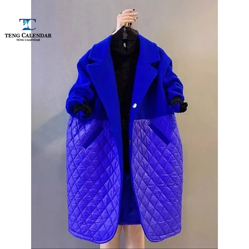 Medium To Long Cotton Jacket, Plus Size Patchwork Diamond Grid Silhouette Suit Collar Cotton Jacket, Women's Autumn New Style