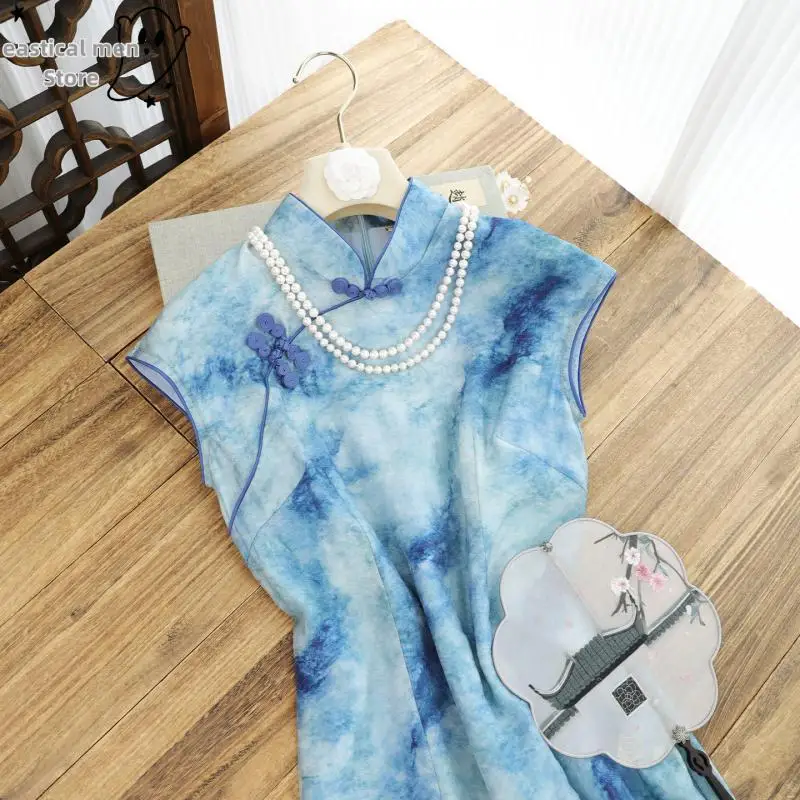 Vintage Chinese Princess Style Cheongsam Blue Tie Dyed Qipao Summer New Streetwear Women Cosplay Chinese Qipao Vestidos