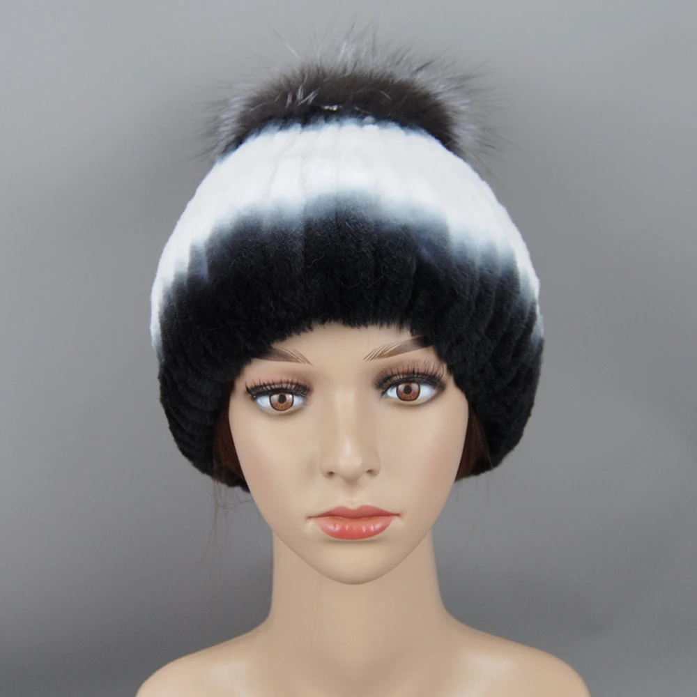 2024 Hot Natural Real Rex Rabbit Fur Skullies Cap Knit Winter Real Fur Hats Russia Women Natural Real Fox Fur Beanies Hat Girls