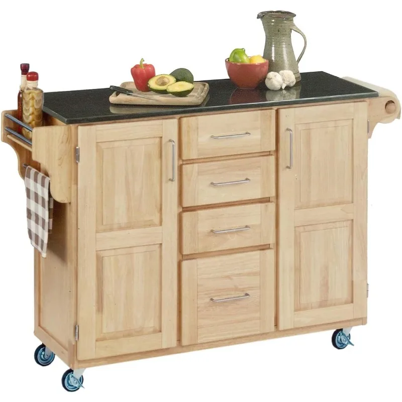 Natural 2 Door Kitchen Cart with Black Top Two Cabinets Each with An Adjustable Shelf Also Has Four Utility Drawer for Put Plate