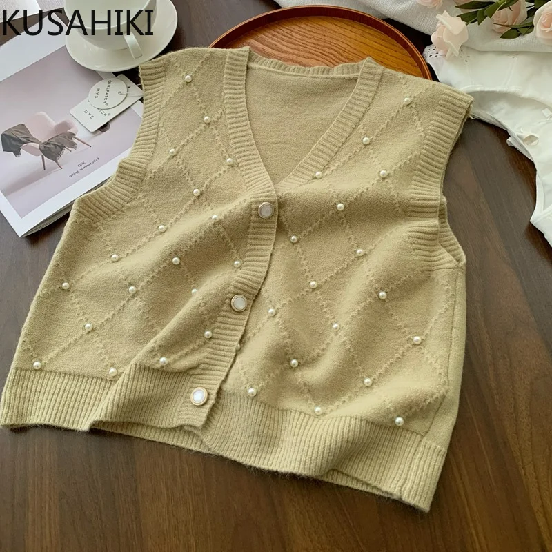 KUSAHIKI 2024 Autumn Winter New V-neck Diamond Nail Bead Versatile Knitted Vest Women's Causal Sleeveless Chic Sweater Cardigan