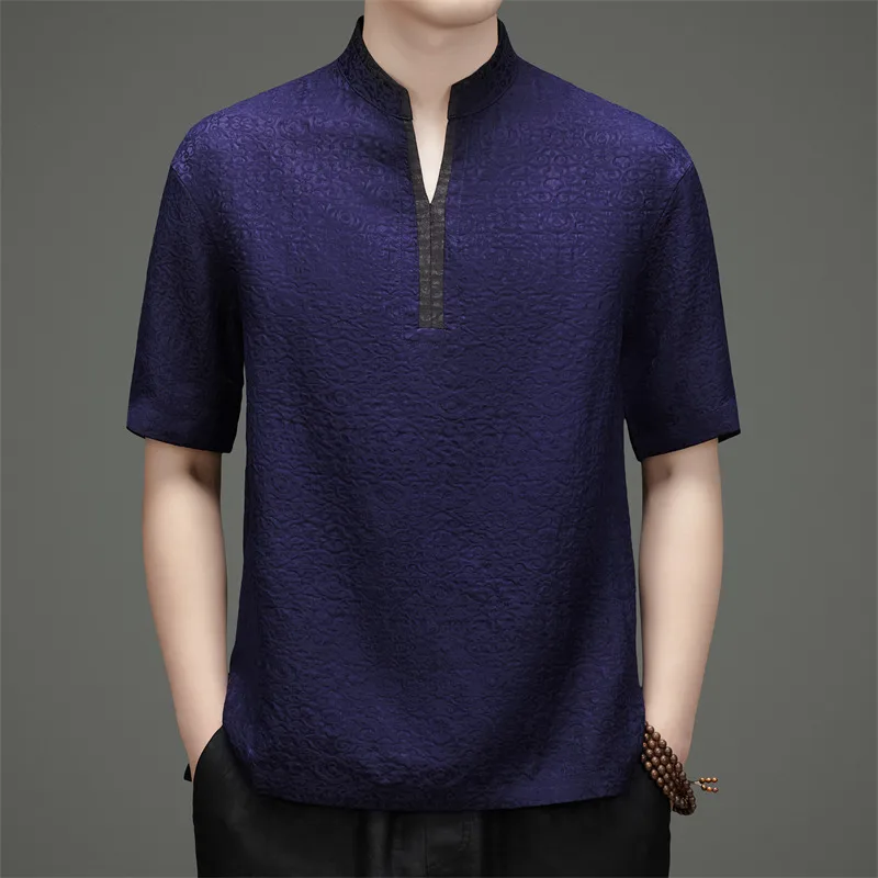 Mulberry Silk 100% Blue T Shirt For Men Short Sleeve Deep V-Neck Summer Quality Lightweight Coolness Premium Camisetas De Hombre
