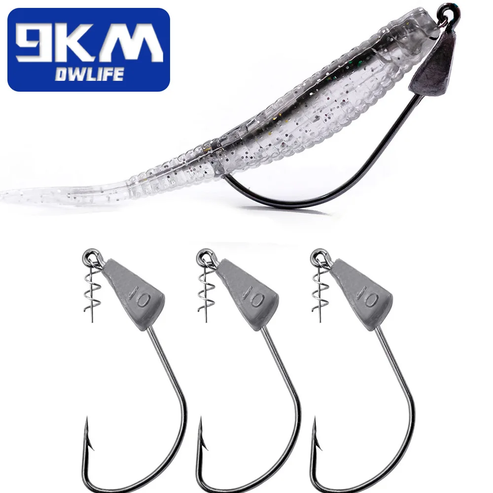 

9KM 5-10 шт. утяжеленных беззаглуживаемых джиг-головок с пружинным замком, рыболовные крючки для мягких приманок для ловли баса в соленой и пресной воде