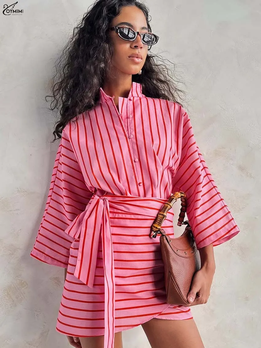 Oymimi Fashion Pink Print 2 Pieces Set For Woman Elegant Wrist Sleeve Button Shirts And Lace-Up Straight Mini Skirts Female Sets view 2