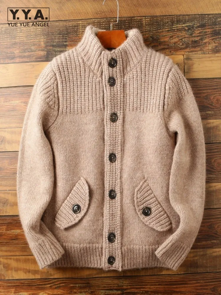 Autumn Winter Stand Collar Wool Knit Cardigan Jacket Men Vintage Thicken Solid Color Single Breasted Mens Casual Sweater Coat