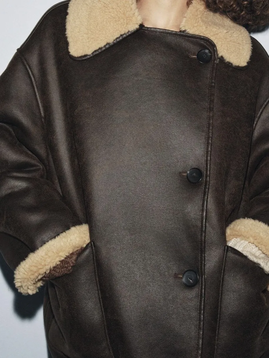 معطف نسائي طويل من الجلد الصناعي الناعم من Faionable بلون القهوة العميقة من Jaet PU مصنوع من جلد الدفء