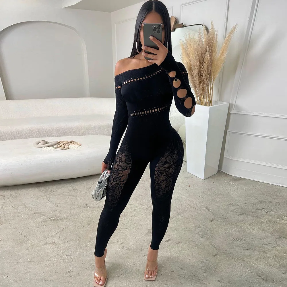 

Weird Puss Sexy Hollow Tight Jumpsuit Women Irregular Off Shoulders Skinny Elastic Diamonds Long Sleeve Sexy Clubwear Overalls