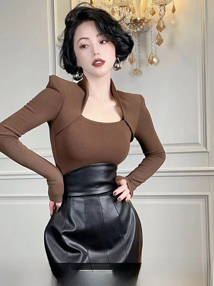 

LYXJ French Art Design Women's Slim Fit Knitted Base irt Padded oulder Stand Collar Vintage Sle Polyester Fiber Long Sl...