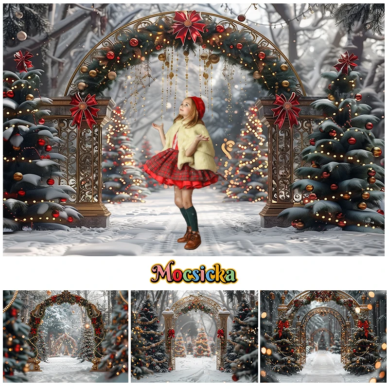 Mocsicka Winter Christmas Arch Photography Background Xmas Tree Forest Decor Kids Adult Holiday Party Photo Backdrop Studioi