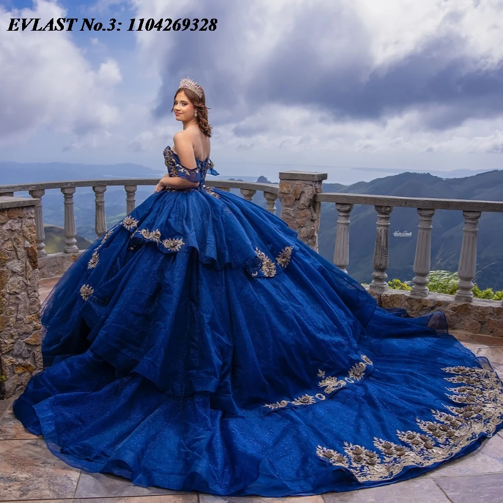 EVLAST Sukienka Quinceanera w kolorze granatowym z brokatem, suknia balowa, złota koronka, aplikacje, koraliki, Sweet 16 Vestidos De 15 Anos E3Q743