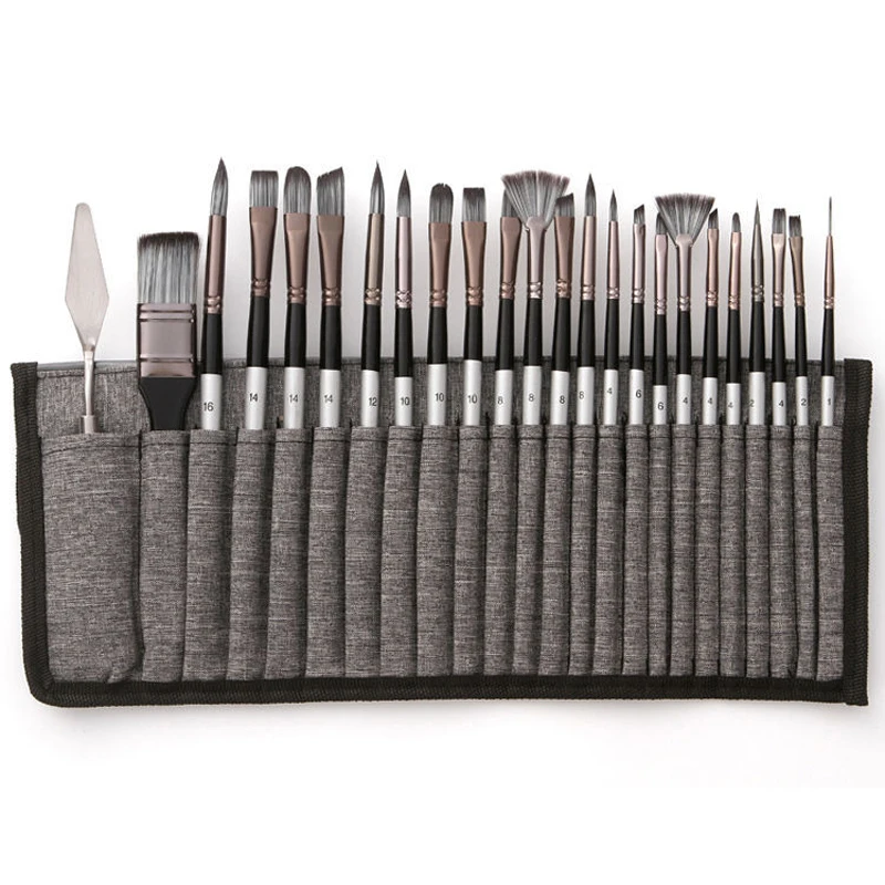 24 Pcs/Set Nylon Wool Wood Handle Watercolor Paint Brush Matte Scraper Acrylic Silver Gray Pole Painting Art Watercolor Supplies