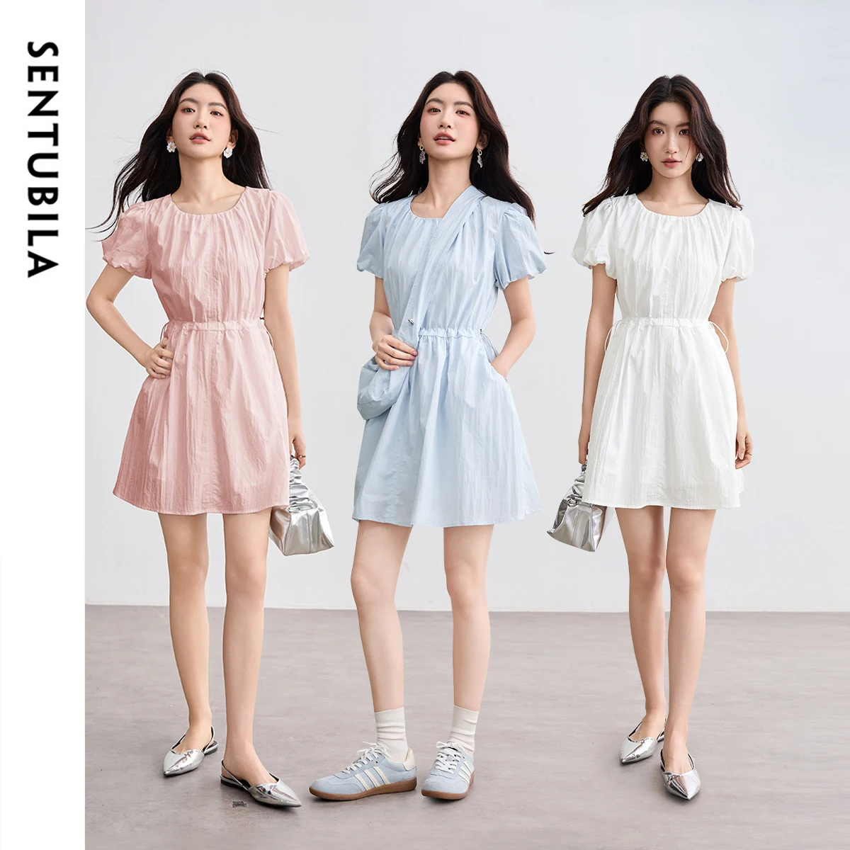 

‌SENTUBILA Women's Summer Dresses 2025 Temperament Puff Sleeves Waist Pinching Drawstring Short Skirt Dress Fad Casual W52LK2206
