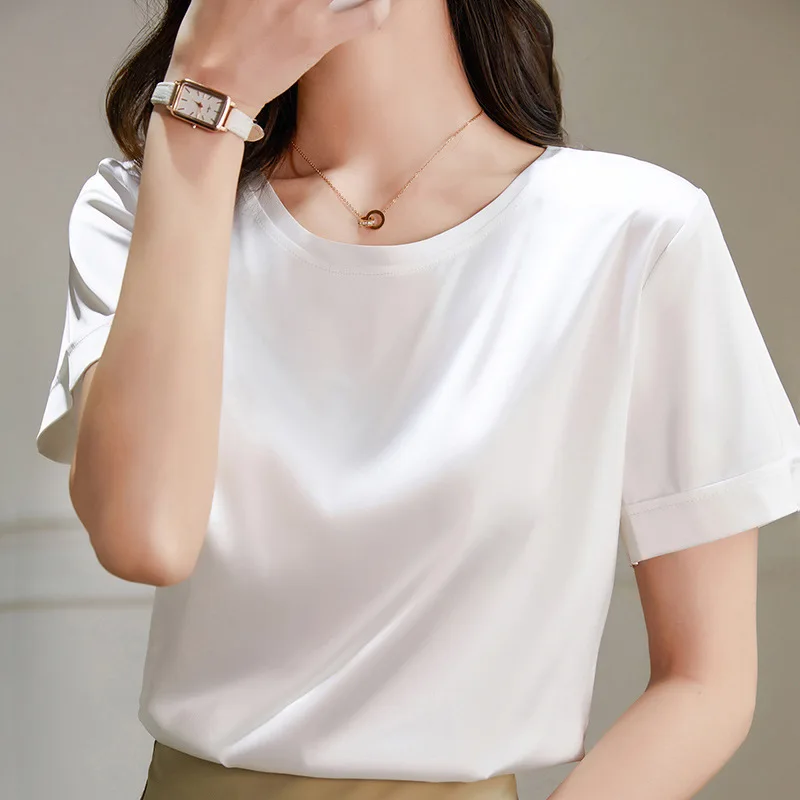 Heavyweight Silk T-shirt for Women White High-end and Atmospheric Summer Satin Silky T-shirt Crop Top Women