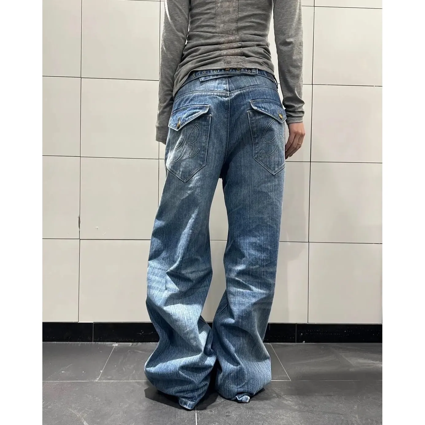 

Джинсы Y2K в стиле панк с вышивкой, свободного кроя, синие, ретро, прямые, из ПВХ, унисекс, повседневные брюки для мужчин и женщин