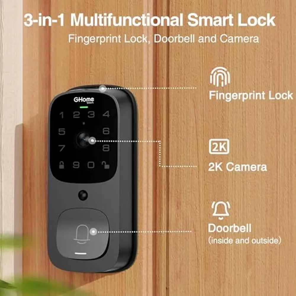 3 in 1 Smart Door Lock Set with Video Doorbell Camera Fingerprint WiFi Keyless Entry Front Door Locks 2K HD Monitoring Remote