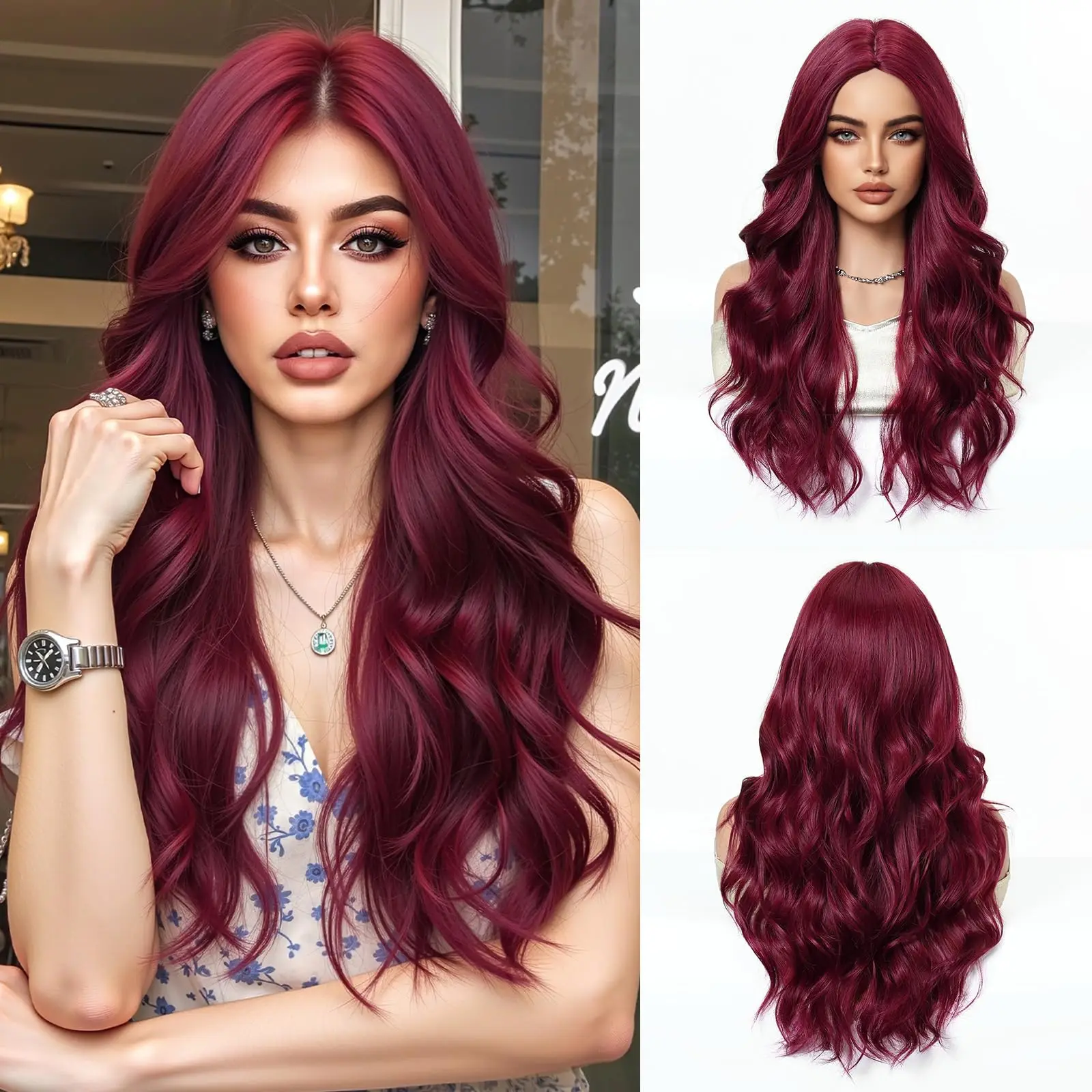 

Винно-красный синтетический парик, парик с крупными волнами, для косплея на Хэллоуин, для повседневной носки, парик из термостойкого шелка.