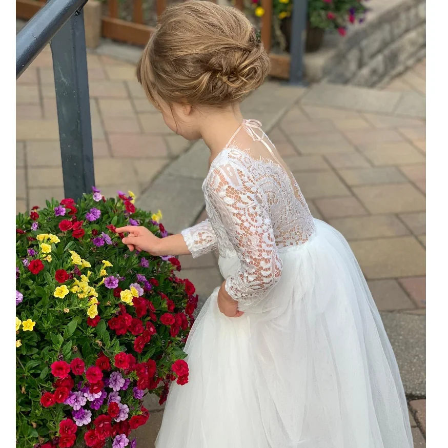 New Summer Elegant Flower Girl White Wedding Lace white girl long dress Sleeve Mesh Girl Princess Dress backless girls aged 8-12