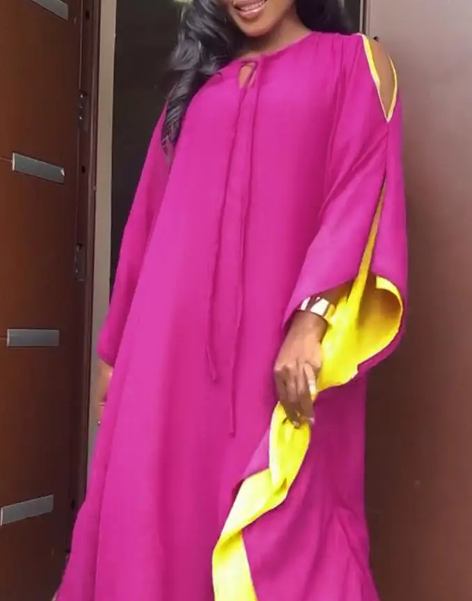 

Women's Side Cold Shoulder Slit Batwing Sleeve Dress Female Daily Clothing New Style Woman Casual Tie Neck Loose Maxi Dresses