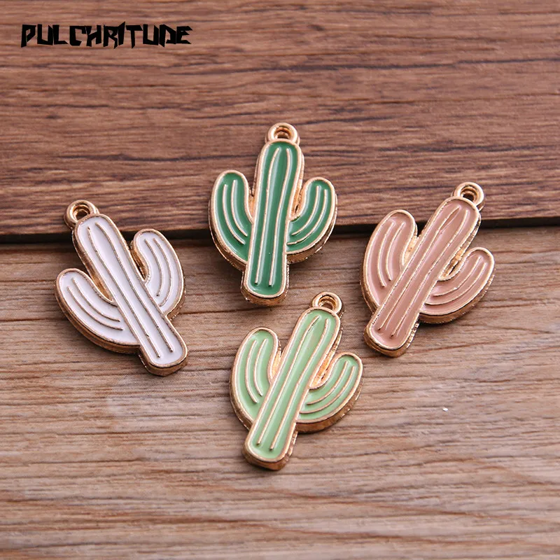 10Pcs 16*26mm Four Color Alloy Metal Drop Oil Plant Cactus Charms Pendant For DIY Bracelet Necklace Jewelry Making