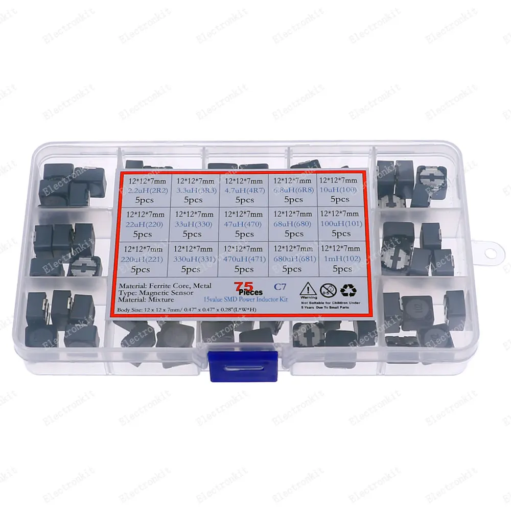 

75pcs 15value x 5pcs 12*12*7mm SMD Power Shielded Inductance kit Box 2.2/3.3/4.7/6.8/10/22/33/47/68/100/220/330-680UH 1mH