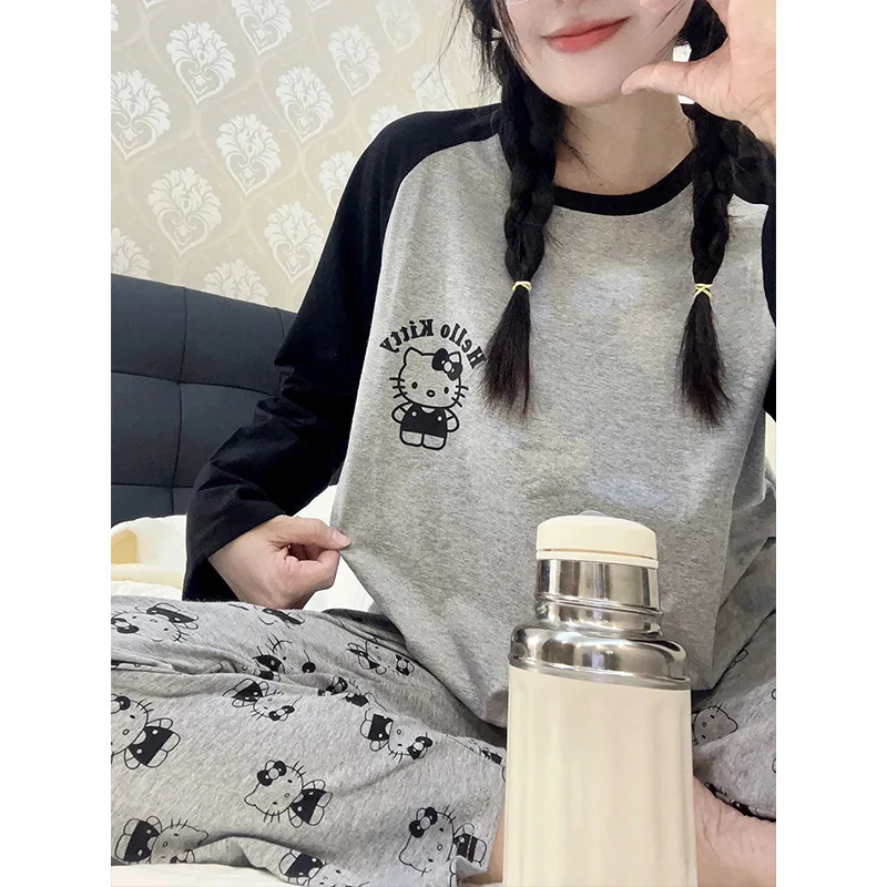 Anime Hello Kitty Spring and Autumn Pajamas Women\'s Loose Round Neck Hooded Home Clothes Simple Casual Long Sleeve Pants Pajamas