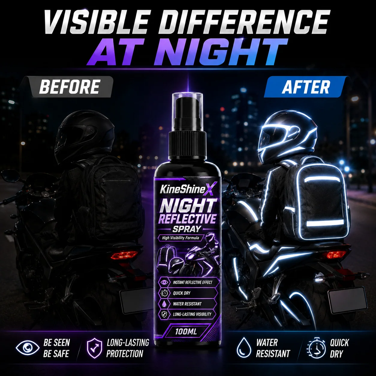 Night Reflective Spray 100ml – High Visibility Formula for Bikes, Helmets, Bags & Clothing, Instant Reflective Effect, Quick Dry