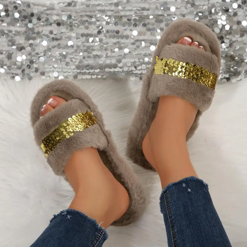 Fashion Gold Glitter Faux Fur Indoor Slippers Women Winter Comfortable Flat Heel Furry Home Slippers Women's Warm Plush Slides