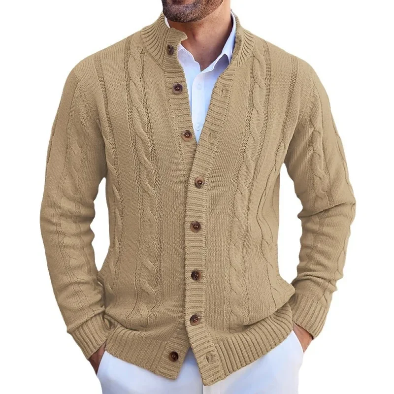 Cardigan da uomo colletto alla coreana maglioni cappotto lavorato a maglia manica intera monopetto maglia solida cappotti a punto aperto autunno inverno 2024