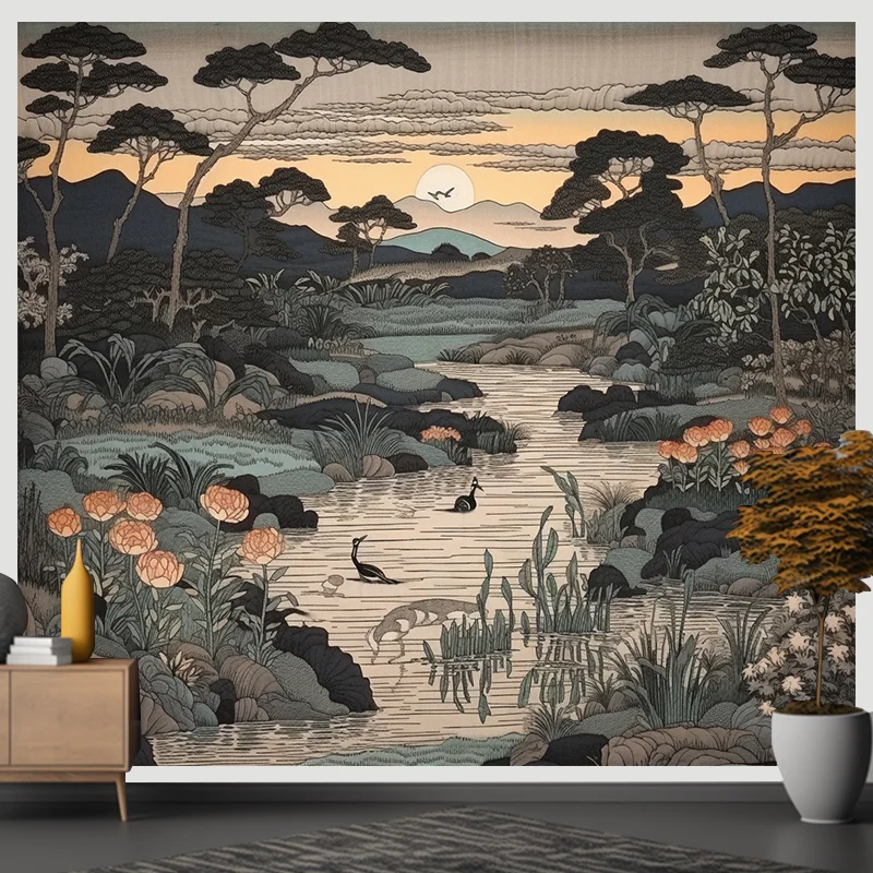 Experience Serenity with This Nature-inspired Tapestry Breathtaking Scenery Tapestry with Flowing River and Lush Trees Tapestry