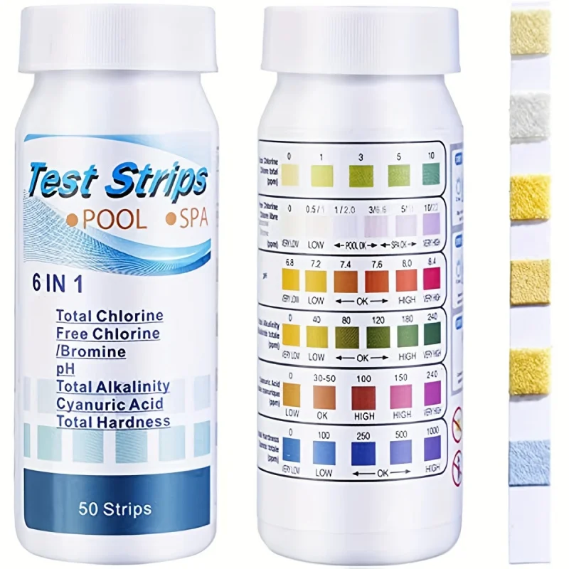 50 Strips 6-Way Spa Test Strips, Swimming Pool Water Hot Tub Test Strips For Chlorine, Bromine, PH, Alkalinity, Cyanuric Acid