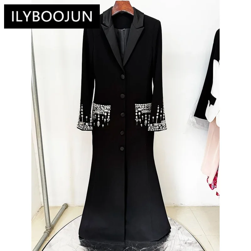 ILYBOOJUN Newest 2024 Designer Fashion Women\'s Long Sleeve Notched Collar Rhinestone Diamonds Beading Maxi Long Dress