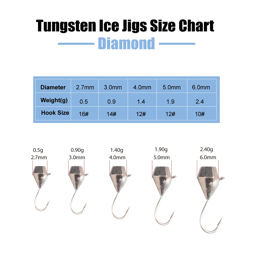 Elite TG 5PCS Faceted Ice Fishing Jig Hayabusa Hook,Diamond Tungsten Hook 2.7mm~6mm Perch Bluegill Crappie Lures