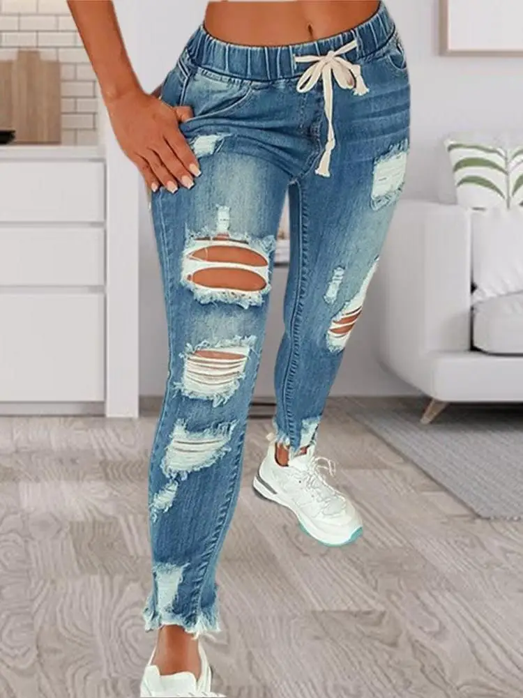 women's-stretchy-ripped-hole-summer-jeans-slimfitting-fashionable-all-match-casual-high-waist-trousers