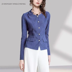 Women' Short Style Pleated Blue Casual Shirts Slim Tops 2024 Spring Summer New Vintage Fashion Button-down Blouses