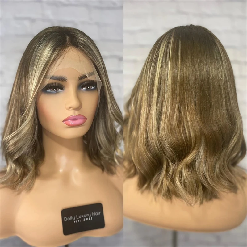 

Швейцарский HD Прозрачный Кружева 13x4 Ombre Пепельно-Коричневый Кружевной Фронтальный Парик Топ Синтетический Парик Высококачественный Парик Короткая Волна Боб Бесклеевой Парик