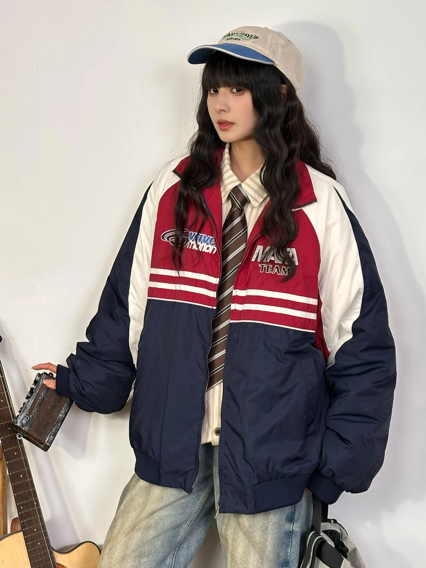 

Original American Contrast Color Splicing Thiened Stand Collar Cotton Jaet Women's Winter Warm Versatile Cotton Coat Trendy