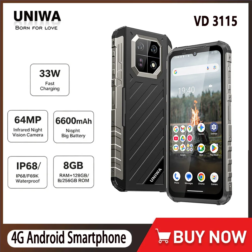 

UNIWA VD3115 120MHz Screen 8GB RAM 64MP Night Vision Camera IP69K Waterproof Outdoor Rugge Smartphone with 33W Fast Charging