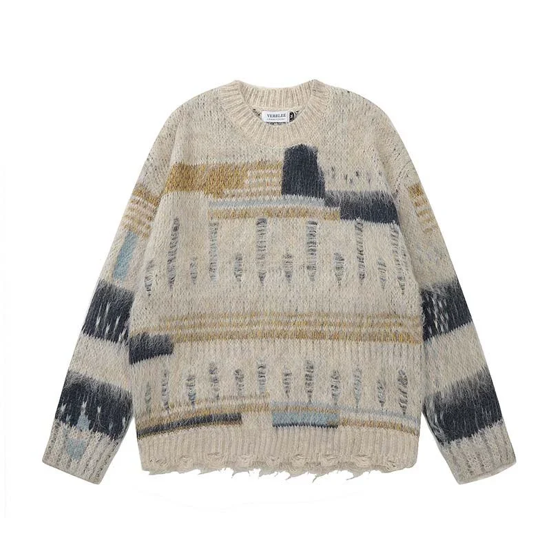 

Harajuku Knitted Sweaters Men HipHop Irregularly Patchwork Holes Streetwear Male Autumn Winter Loose Pullovers Pull Homme Hombre