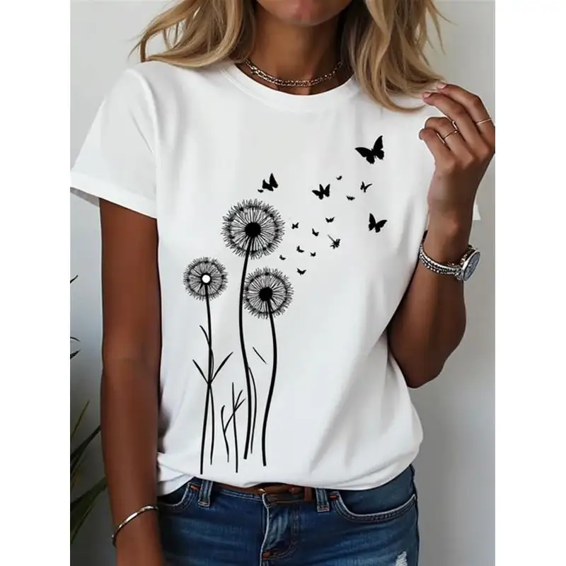 Dandelion Blowing Seeds Turn Into Butterflies Black Print White Women T-Shirt