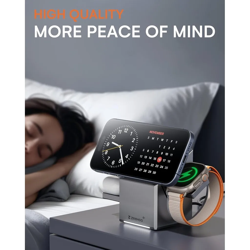 Estação de carregamento elétrica três em um sem fio com toque giratório e pop-up de 15 W de carregamento rápido, adequada