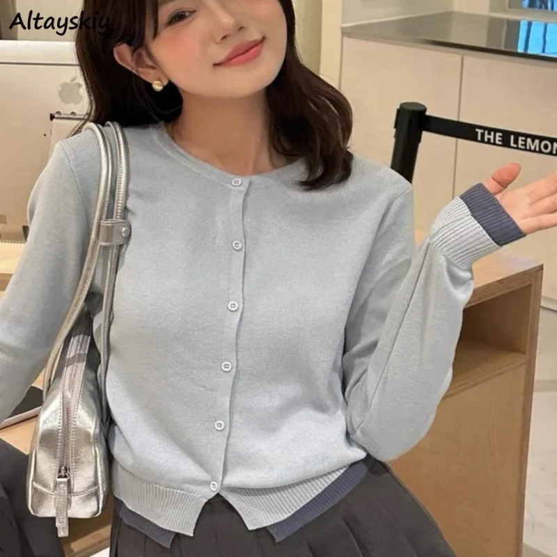 

Cardigans for Women Patchwork Knitted Korean Style Casual Ins Office Chic Autumn Winter Warm O-neck Long Sleeve Coats Simple