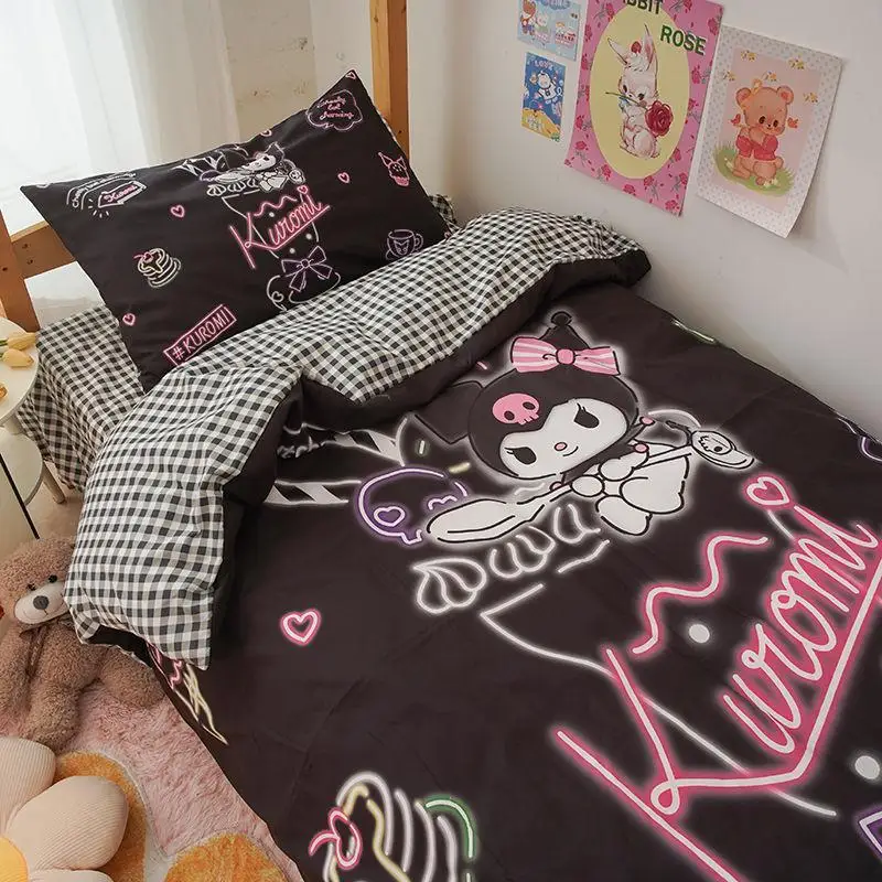 

Hot Miniso Kawaii Student Dormitory Three Piece Set Kuromi Cartoon Cute Girl Sheet Quilt Cover Pillowcase Fashion Bedding New