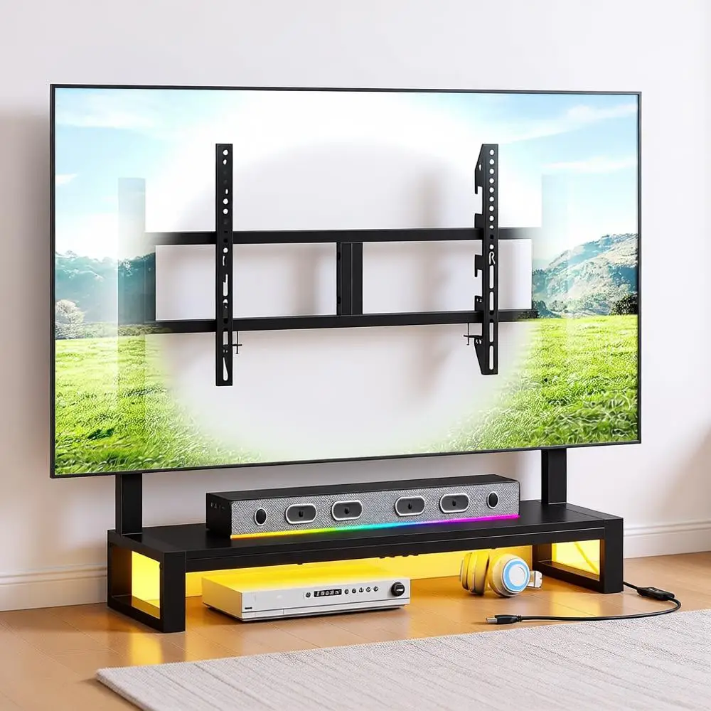 Height Adjustable TV Stand with LED Light, Storage Shelf for 32-65 Inch TVs