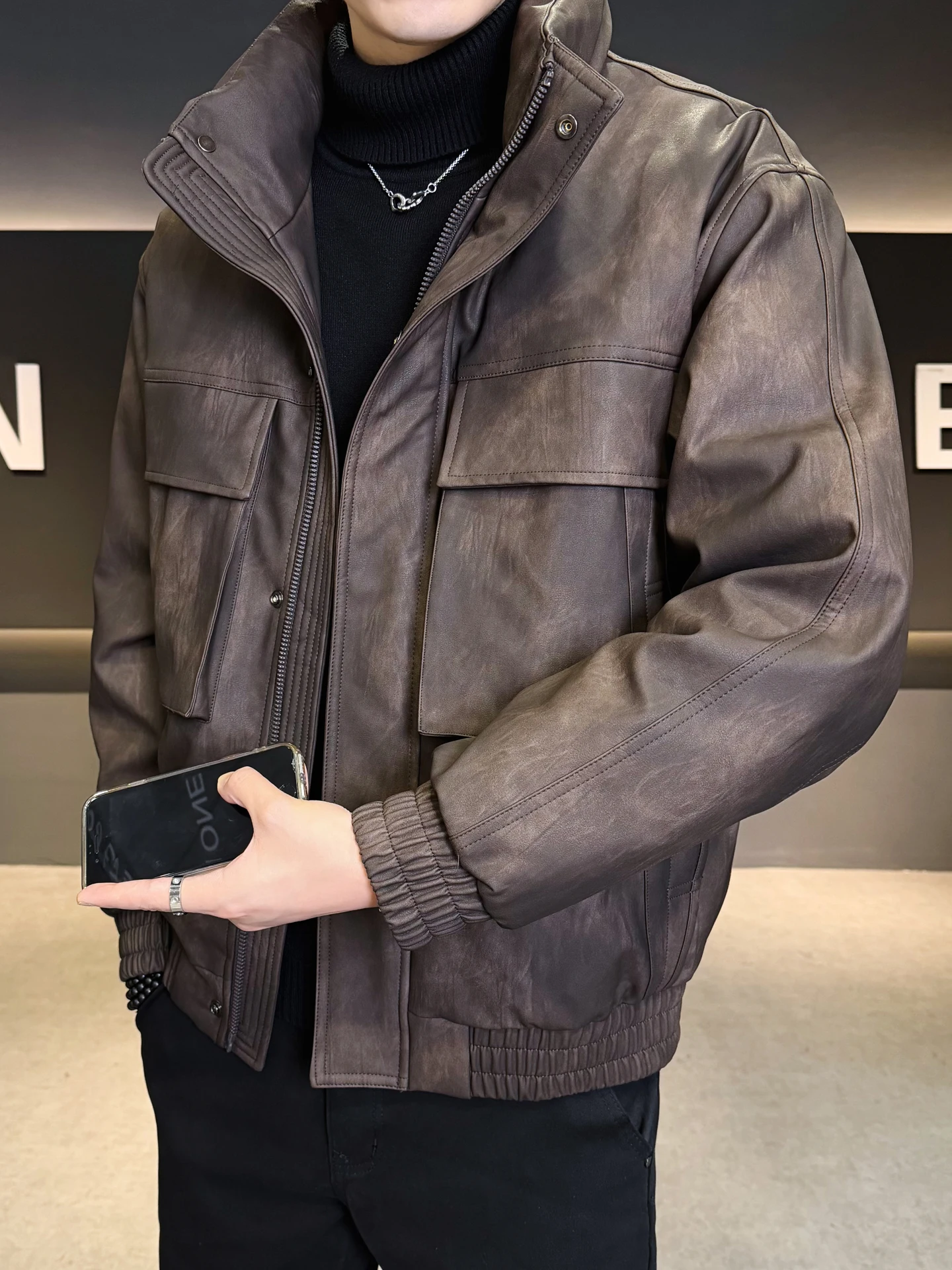 

Men's Retro Du down Leather Jaet Sli Stand Collar Warm Motorcycle Coat Trendy Brand Urban Casual Daily Wear Waterproof