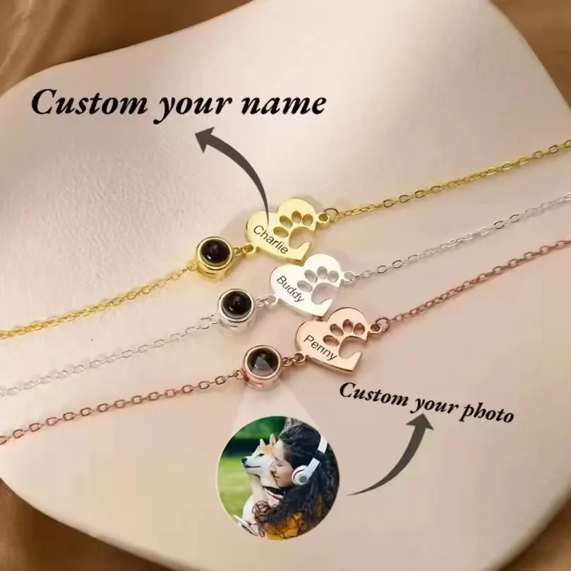 Custom Photo Name Bracelet Pet Dog Cat Paw Print Stainless Steel Heart Hollow Bracelet Personalized Jewelry Gift