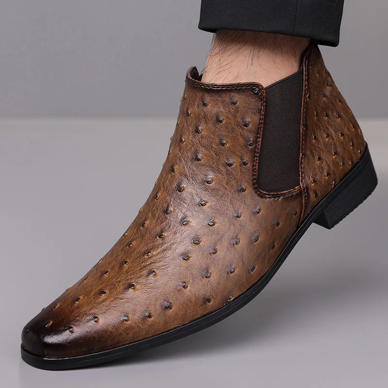 Designer Mens Luxury Pointed Ostrich Pattern Pu Leather Casual Chelsea Ankle Boots Autumn Business High Top Shoes Zapatos Hombre