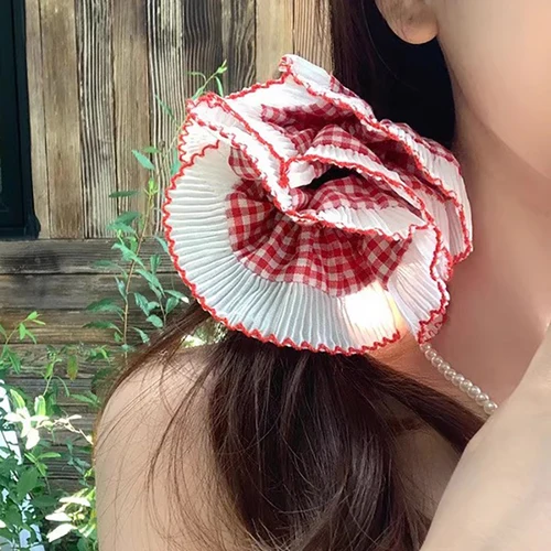 Imagen 2 del producto Gomas para el cabello de gran tamaño con borde de encaje dulce de estilo francés, bandas para el cabello de hadas para mujer, coleteros de doble capa, accesorios para el cabello