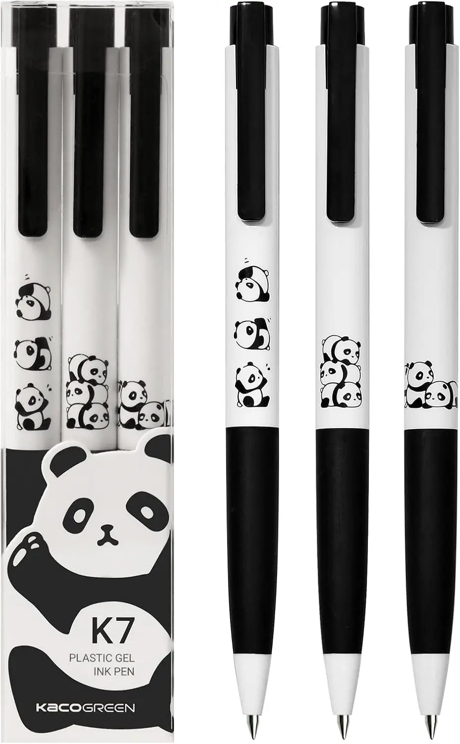 

Kaco K7 Gel Ink Pen 3 Cute Panda Black Pen Set 0.5mm Fine Nib, All Black Ink, Office School Supplies