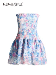 TWOTWINSTYLE Colorblock Printing Mini Dress For Women Strapless Sleeveless High Waist Spliced Folds Slimming Dresses Female New