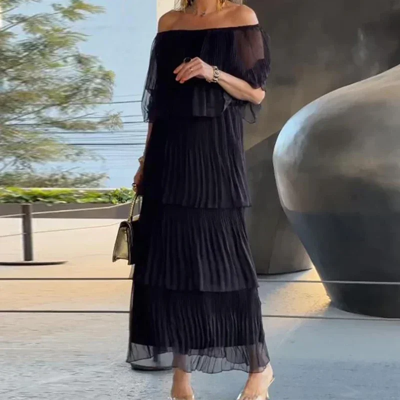 Vestido largo plisado con hombros descubiertos y cuello oblicuo para mujer, vestido de fiesta elegante con volantes lisos, vestido Maxi bohemio con manga de mariposa para verano